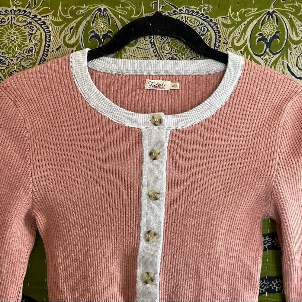 Faherty Rose Pink Colorblock Mikki Cotton/ Cashmere Henley Sweater Size Small - Picture 3 of 15